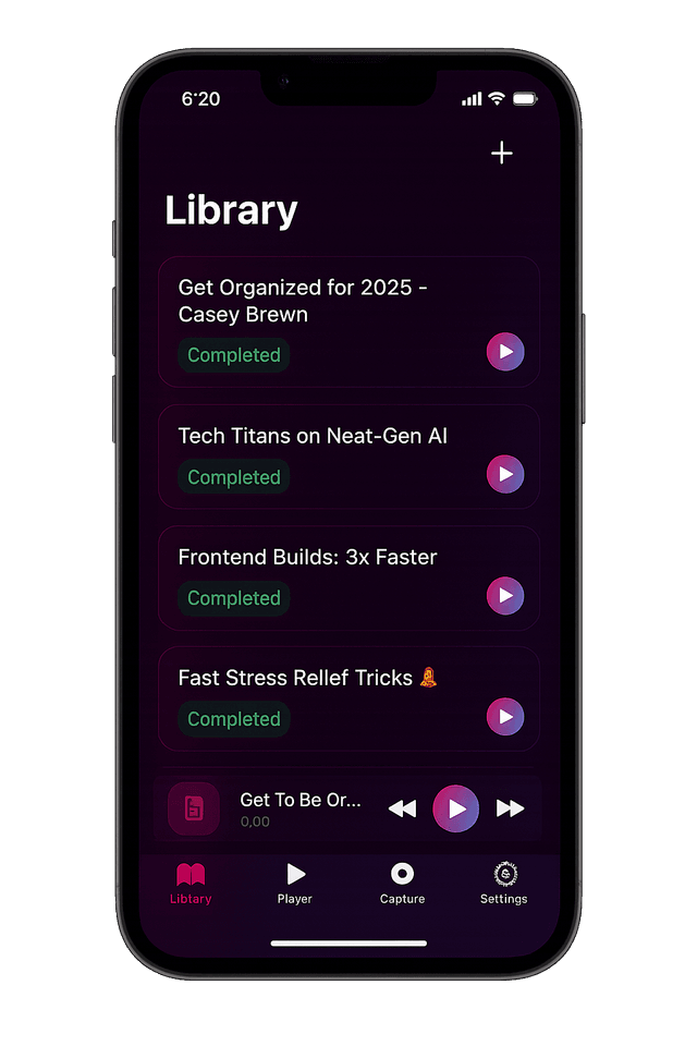 ArticleCast mobile app library page showing saved articles