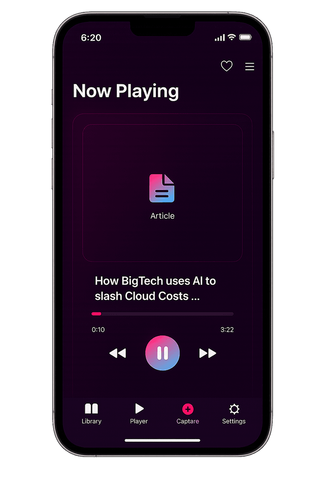 ArticleCast iPhone player screen showing audio controls