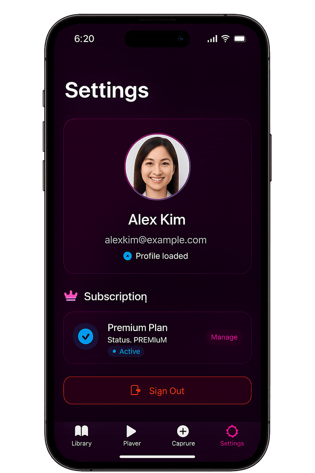 ArticleCast mobile app settings page with preferences