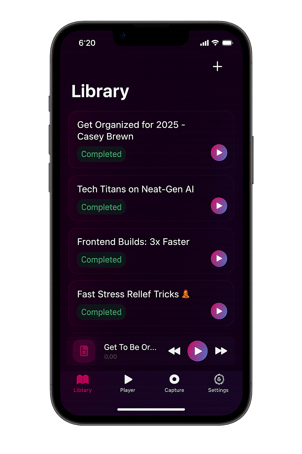 ArticleCast mobile app library page showing saved articles